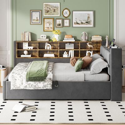 LANTRO JS Ottoman Bed, Bubble Bed with Night Light, USB and USB-C Charging Ports, Velvet Upholstery, Storage Compartments, Gray