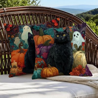 35 x 35 Halloween Cat Outdoor Pillow Covers, 2-Pack, Linen, Waterproof, Hidden Zipper