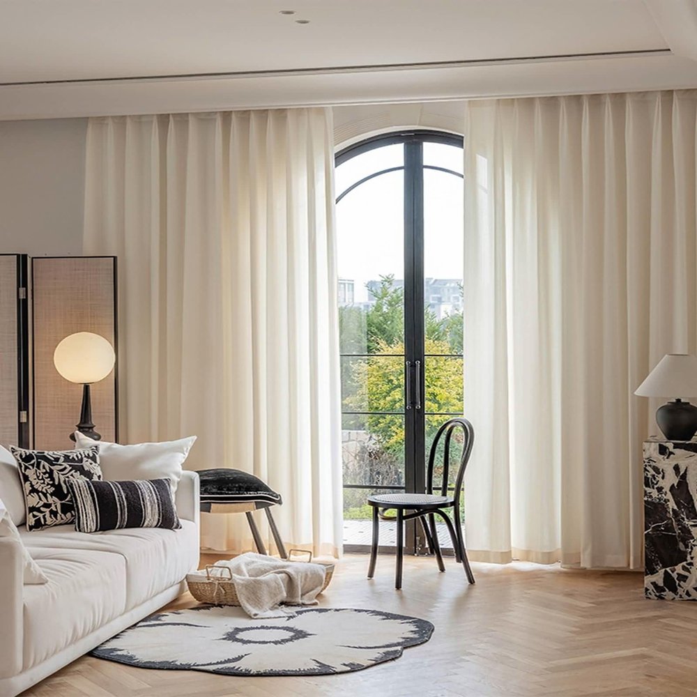 Stfery Beige Semi-Sheer Curtains, French Striped Voile Panels, 2-Piece Set, W102 x H138 cm Each