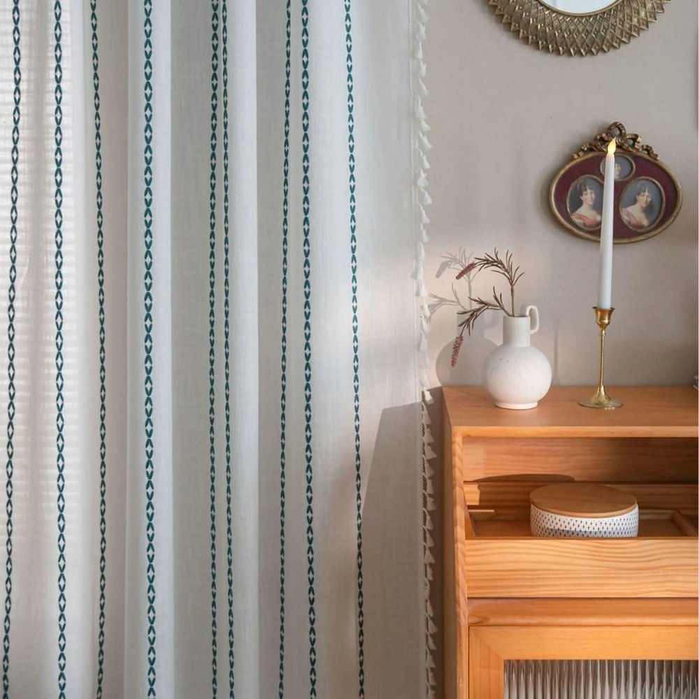 Stfery Green Semi-Transparent Curtain Panels for Bedroom, 2-Piece Cotton Set with Embroidered Stripe Pattern and Tassels, Decorative Curtains for Living Room or Children's Room, W132 x H180 cm x 1 pc