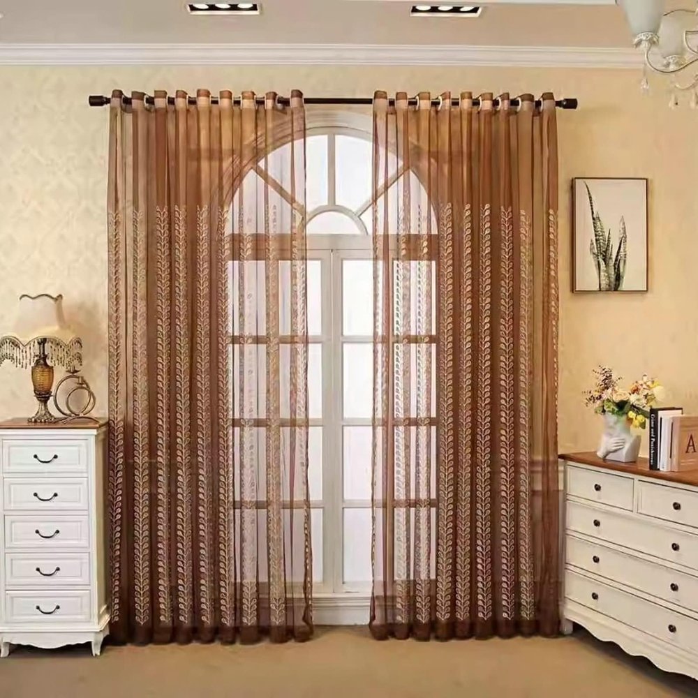 Stfery Brown Sheer Curtains with Grommets, 2-Piece Set, Leaf Embroidery, 107 x 147 cm