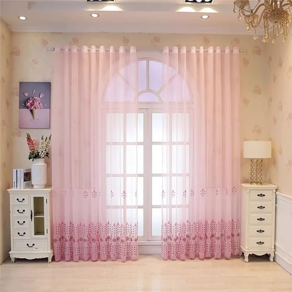 Stfery Sheer Curtain Panels, Pink, Semi-Transparent, for Youth Rooms, Classic Embroidered Floral Pattern, 2-Piece Set, W107 x H244 cm Each