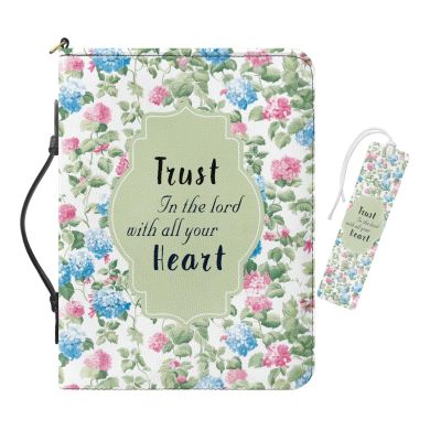 COEQINE Leather Bible Cover for Women with Floral Bookmark Set, 2 Pieces, "Trust in the Lord with All Your Heart," Bible Bag with Handles, 26 x 19 x 5 cm