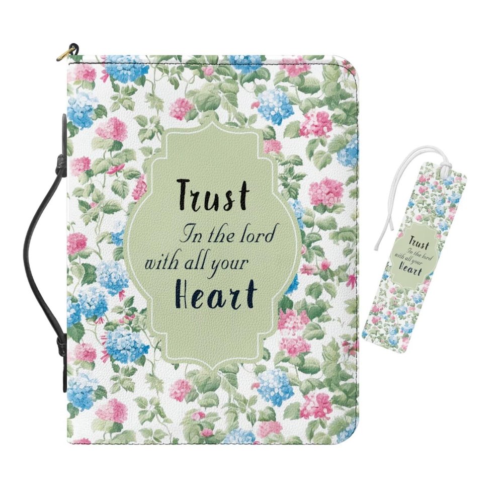 COEQINE Leather Bible Cover for Women with Floral Bookmark Set, 2 Pieces, "Trust in the Lord with All Your Heart," Bible Bag with Handles, 26 x 19 x 5 cm