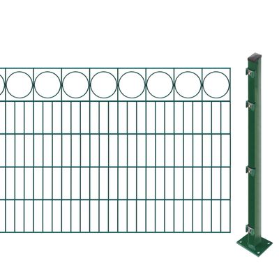 Decorative Fence Panel Set with Surface-Mount Posts (100 cm High, 39.9 m Long) | Double-Wire Panels with “Ring” Decorative Strip, Green | UV- and Weather-Resistant
