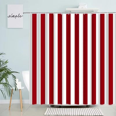 Red and White Striped Waterproof Shower Curtain, 180 x 200 cm, with Hooks