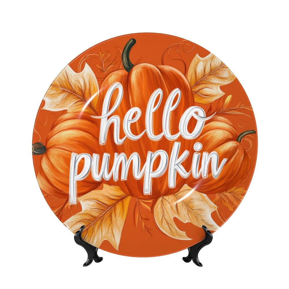 Hello Pumpkin Decorative Bone China Plate with Stand, Orange, 20 cm