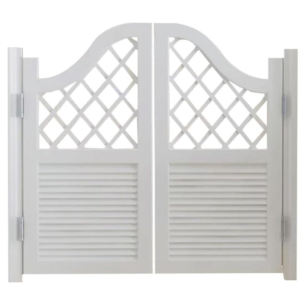 Customizable Solid Wood Swinging Doors for Cafés and Bars, Slatted Design with Automatic Closing, Kitchen Entrance Partition with Hinges (White, 109 cm W x 89 cm H)