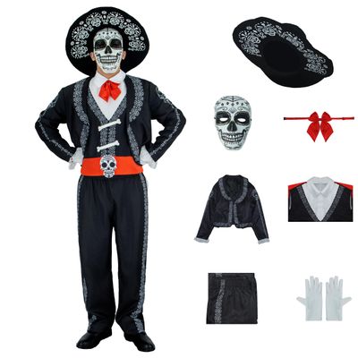 Day of the Dead Costume for Men, Mariachi Suit, Adult, Dia de los Muertos, Mask with Hat, Halloween Cosplay, Size S
