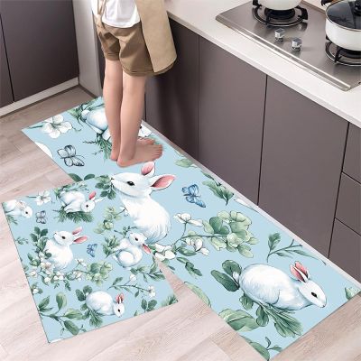 MLSOWM Rabbit & Butterfly Kitchen Mat Set, 2-Piece, Washable Non-Slip, Watercolor Style, Light Blue (44 × 75 cm + 44 × 150 cm)
