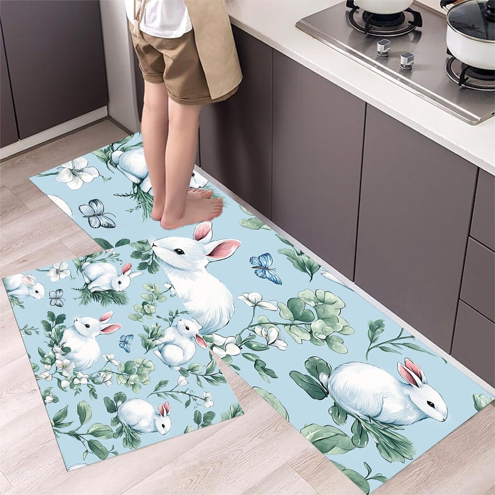 MLSOWM Rabbit & Butterfly Kitchen Mat Set, 2-Piece, Washable Non-Slip, Watercolor Style, Light Blue (44 × 75 cm + 44 × 150 cm)