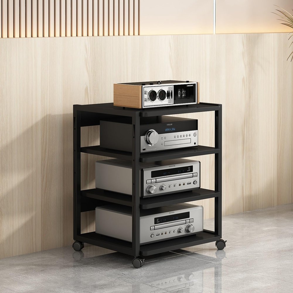Generic Modern 4-Tier Stereo Stand, AV Media Console with Wood Shelves, 50 x 40 x 69.5 cm