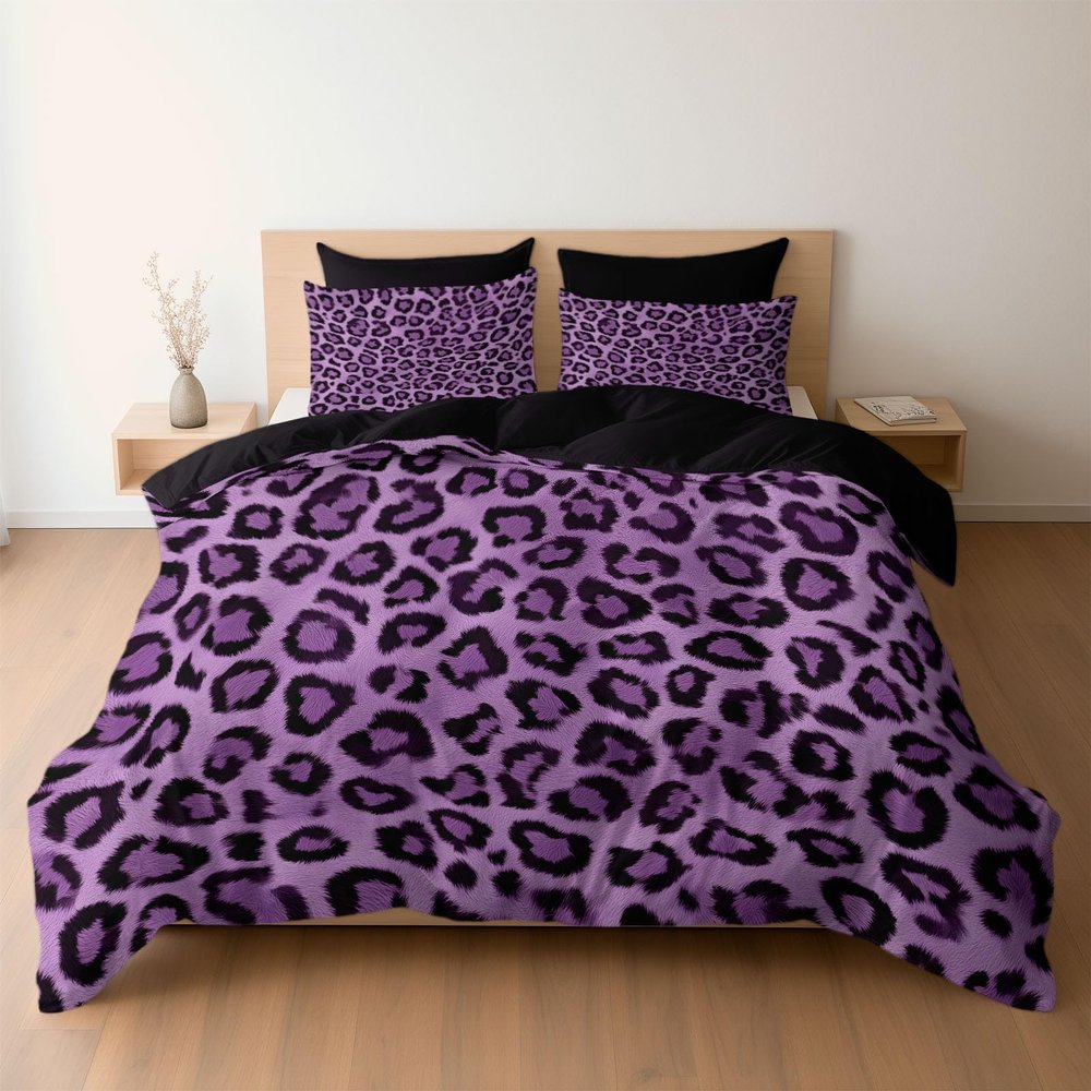 200 x 200 cm Purple Black Leopard Print Duvet Cover Set