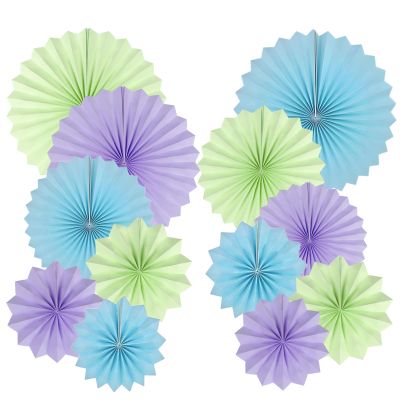 Vsosfiza Paper Round Fans Party Decorations - Purple/Blue/Green - Set of 12 (20/25/30/35 cm) for Monster, Space, and Joker Parties