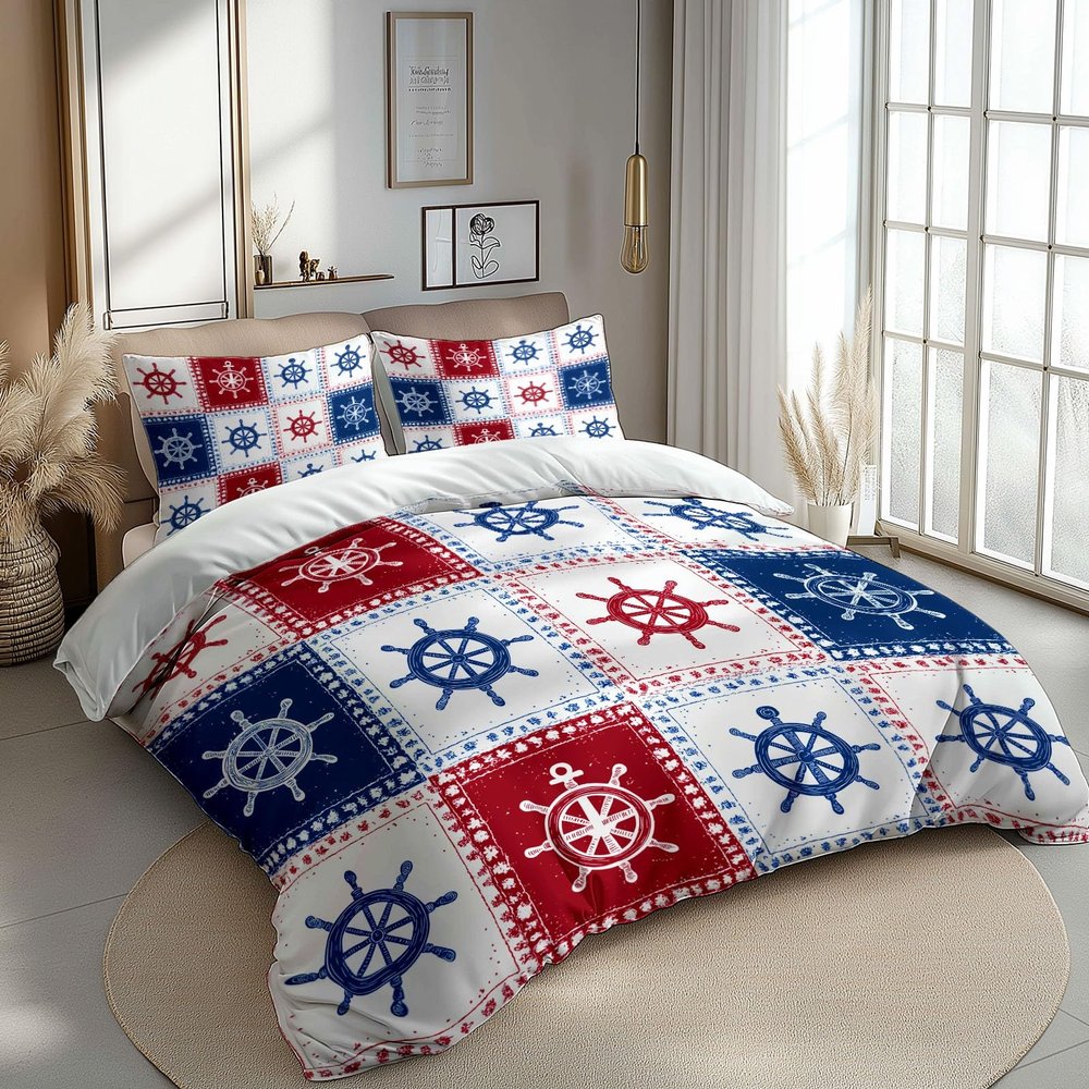 Bedding Set 135 x 200 cm, Minimalist Geometric Anchor Pattern, White