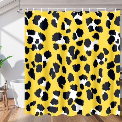 Shower Curtain 180 x 220 cm, Leopard Pattern, Yellow and Black, 3D, with 12 Hooks