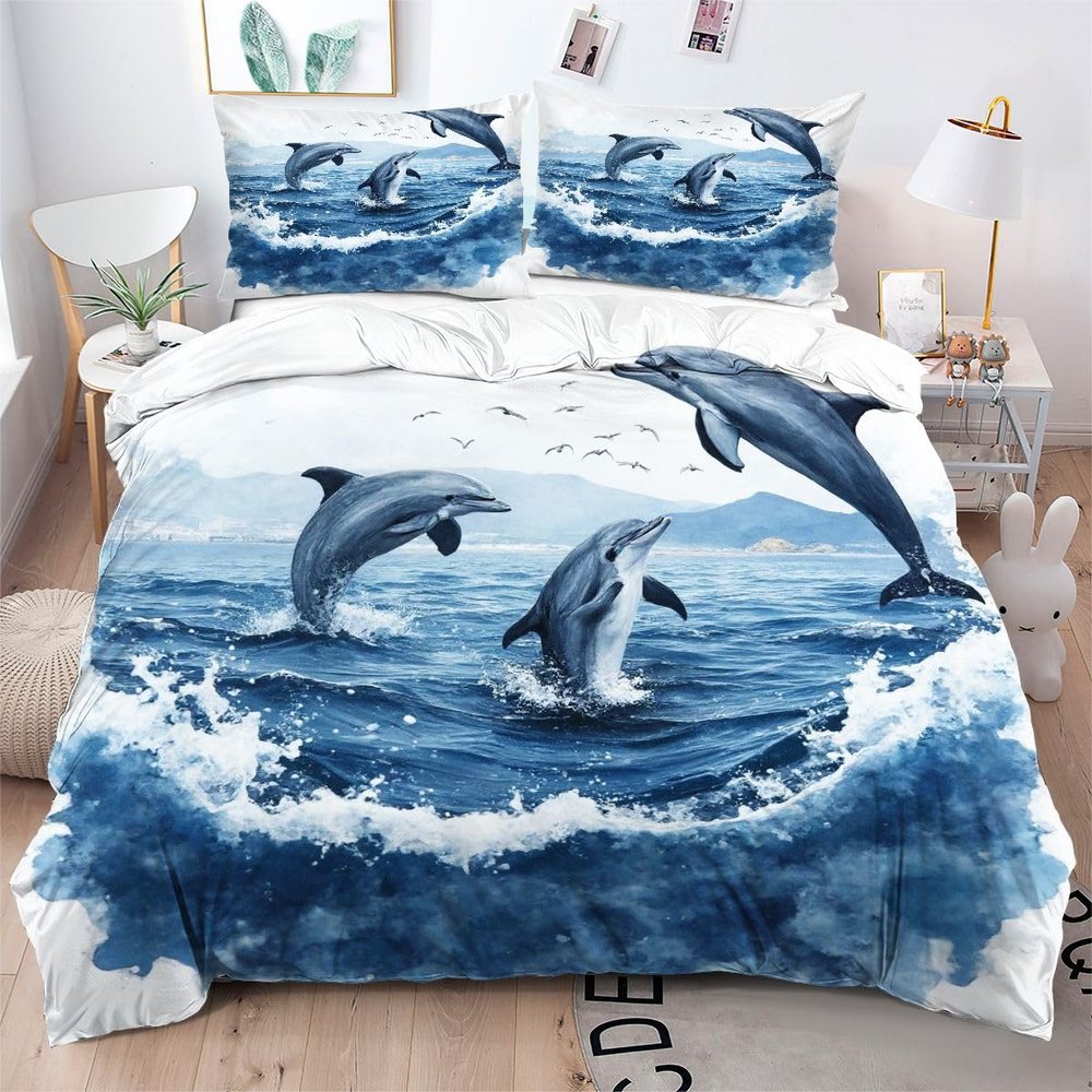 Gumntun 155 x 220 cm Blue Dolphin Bedding Set, 3-Piece Microfiber Set with Zipper and Two 80 x 80 cm Pillowcases
