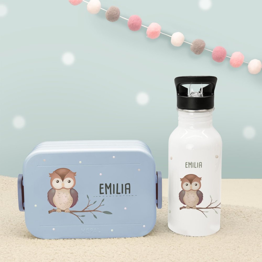 hellomini Personalized Mepal Lunch Box & 500 ml Stainless Steel Water Bottle Set with Custom Name & Animal Design (Owl, Blue)