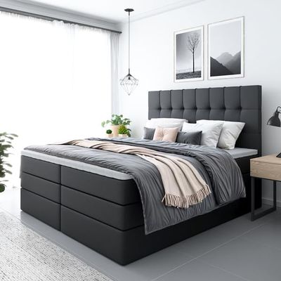MERA Plus Box Spring Bed with Storage, VISCO Topper, Black Synthetic Leather, 160 x 200 cm