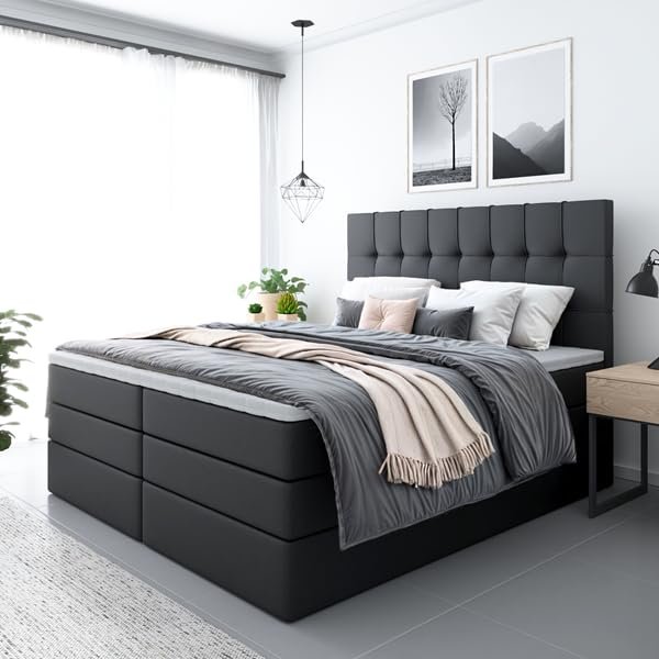 MERA Plus Box Spring Bed with Storage, VISCO Topper, Black Synthetic Leather, 160 x 200 cm