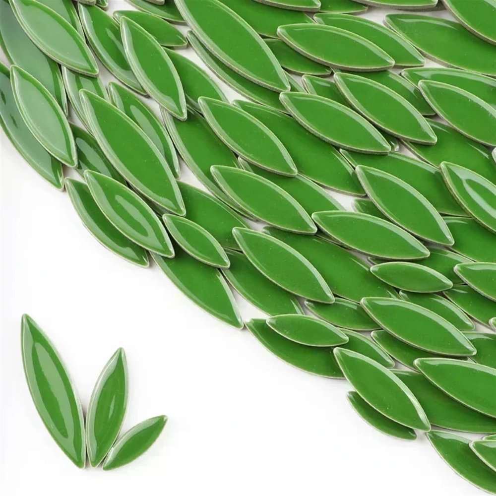 Mosaic Stones 100 g/3.5 oz, Green Leaf-Shaped Ceramic Mosaic Tiles, 3 Sizes, Mixed, 4 mm/0.15 in Thick
