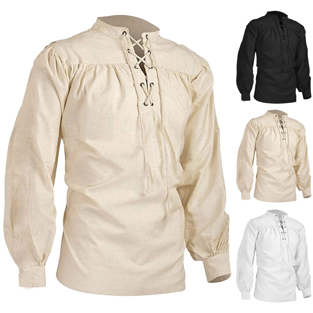 Men's Black Medieval Shirt with Lacing, Gothic Pirate Renaissance Top