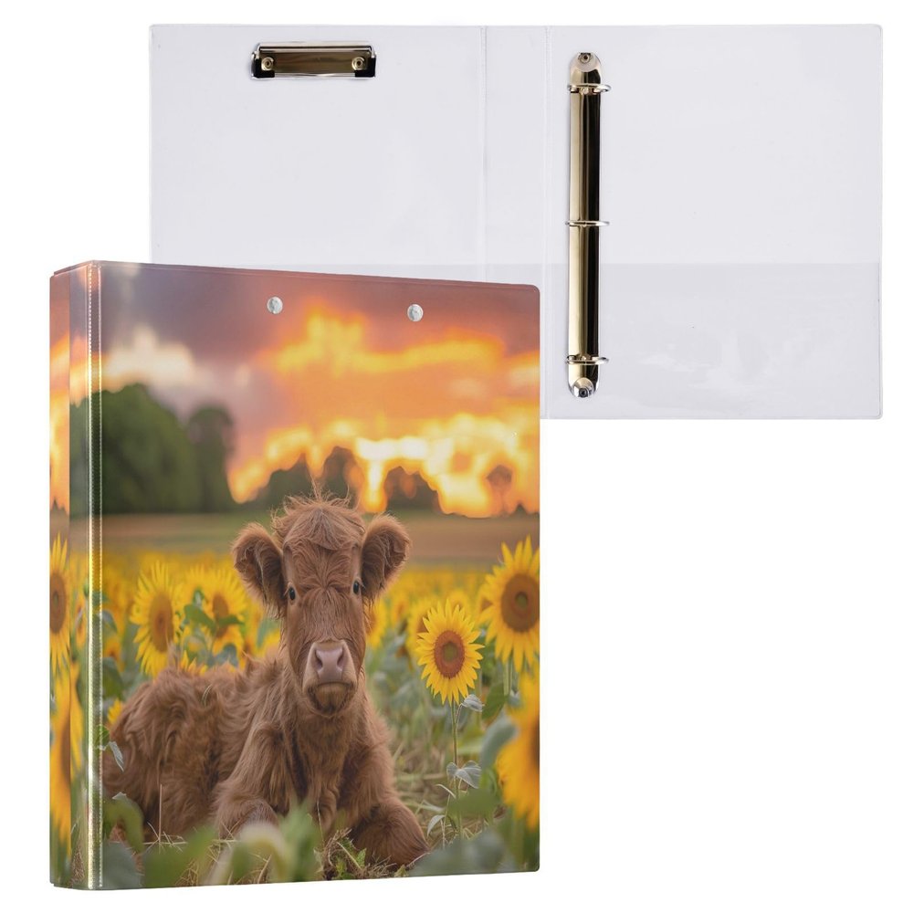 Highland Cow Sunflower Field 3-Ring Binder, A4, 1 Pack with 200 Sheets, for Kids, School, Office, Women and Men