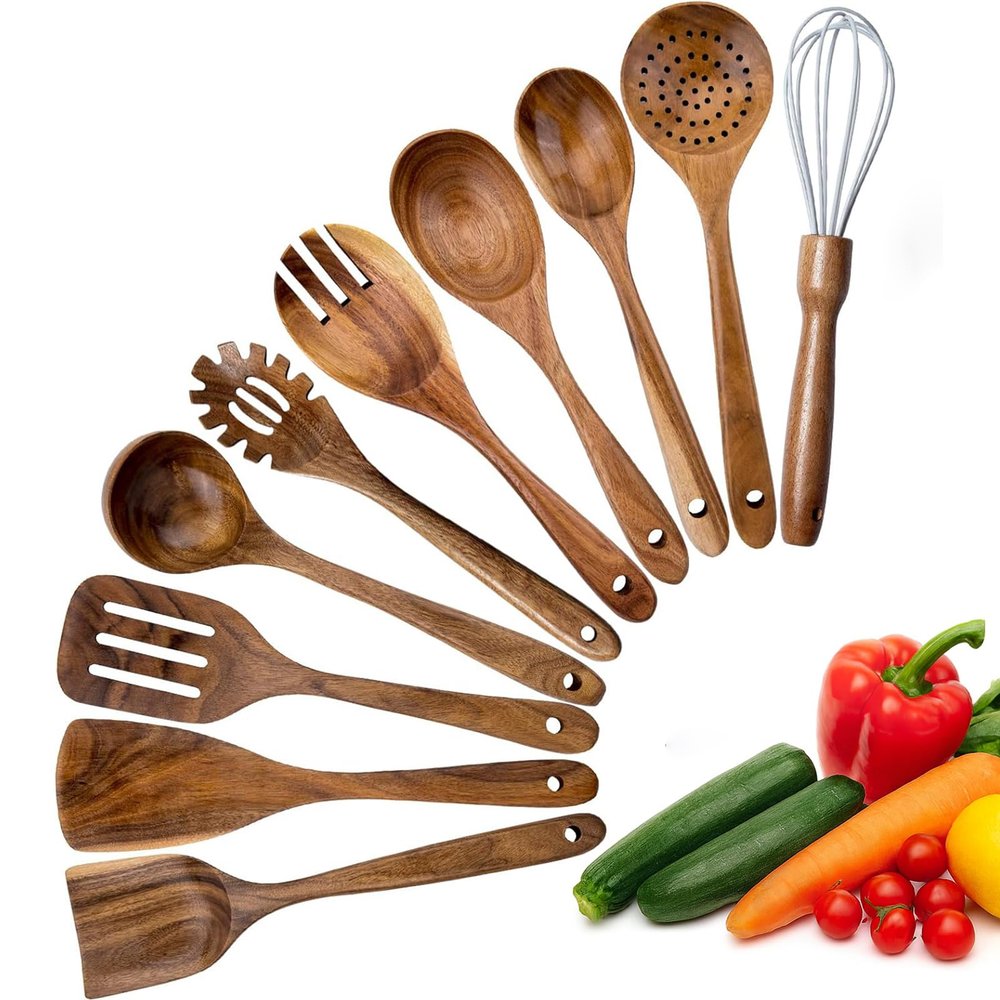 10-Piece Teak Wood Cooking Utensil Set with Ladle, Serving Spoon, Salad Servers & Pasta Server