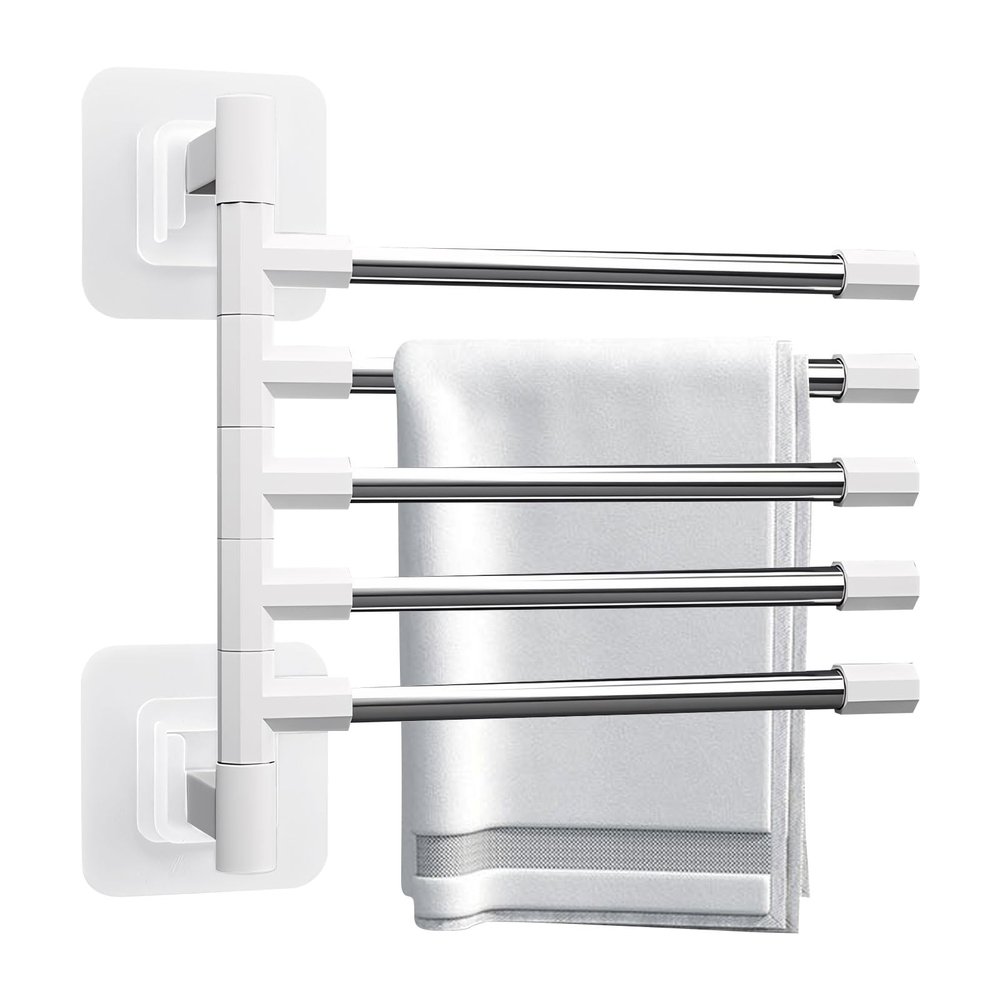 No-Drill Adhesive Towel Holder, 5-Arm 180° Swivel, Stainless Steel