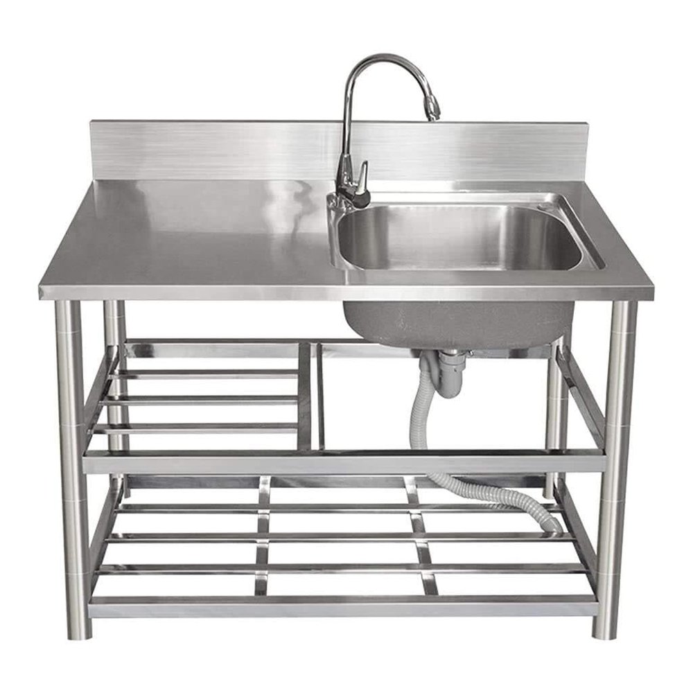 TINGMIAN Commercial Freestanding Outdoor Sink, 304 Stainless Steel, with Faucet and Workbench, for Bars, Restaurants, and Cafeterias (Right-Side Single Bowl, 100 x 50 x 80 cm)