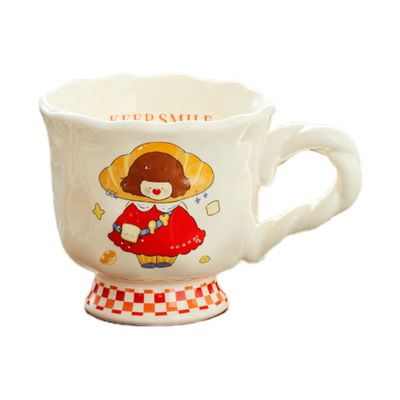 HUMOCHUSON Ceramic Coffee Cup with Cartoon Croissant Girl, 300–400 mL