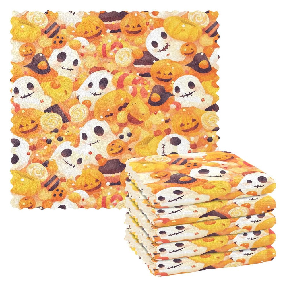 Cotton and Microfiber Dish Towels, 6-Pack, Cute Hand-Drawn Halloween Pattern, 27.9 x 27.9 cm