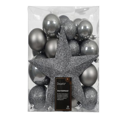 Kaemingk 33-Piece Plastic Christmas Ornament Set with Star Tree Topper, Soft Gray