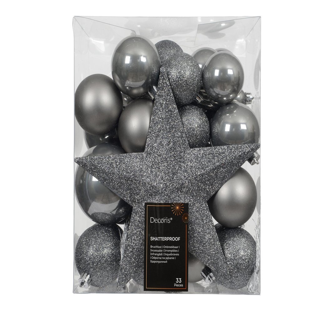 Kaemingk 33-Piece Plastic Christmas Ornament Set with Star Tree Topper, Soft Gray