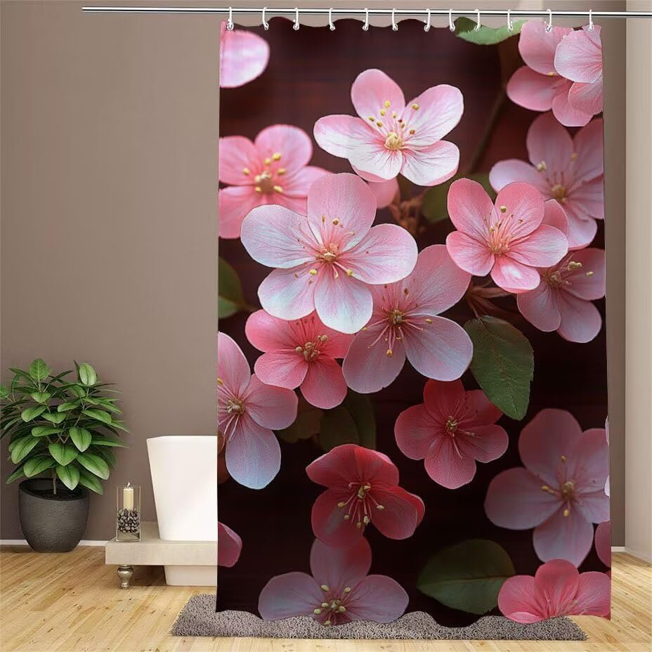 Pink Flower Shower Curtain 200 x 200 cm, Waterproof Polyester, 12 Hooks