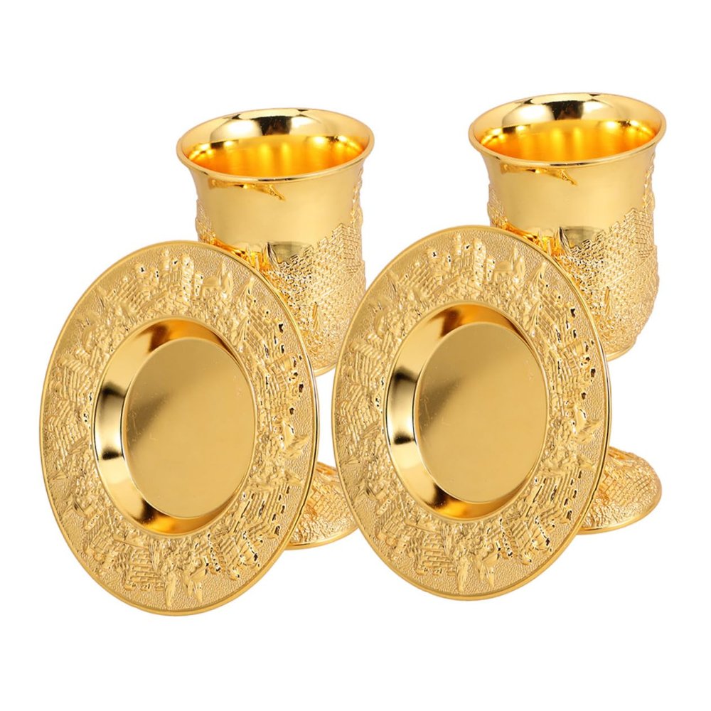 Cabilock Gold Judaica Wine Goblets with Saucers, Set of 2, Zinc Alloy