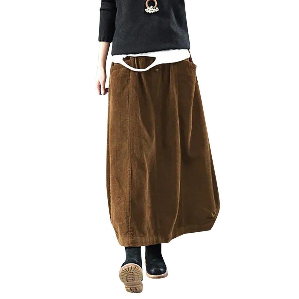 Generic 2025 Women's Winter Corduroy Midi Skirt, Elastic-Waist A-Line Pleated Skirt with Shoulder Bag (Coffee, M)