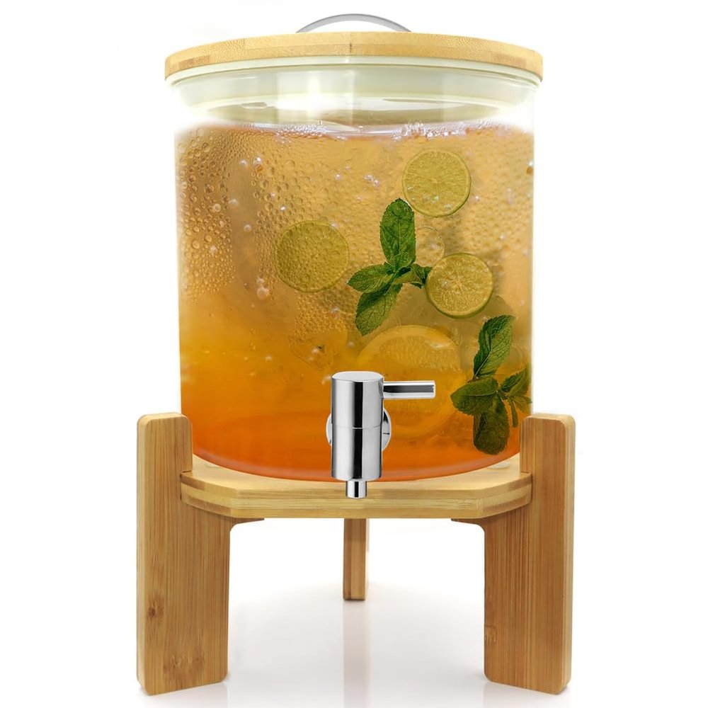 LYXXW 2-Gallon Glass Beverage Dispenser with Spigot, Bamboo Lid and Stand, 3 L