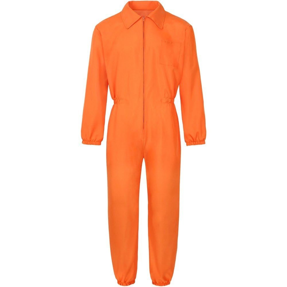 Fituenly Adult Prisoner Jumpsuit with Letter Print, Zipper, Long Sleeves and Lapel Collar