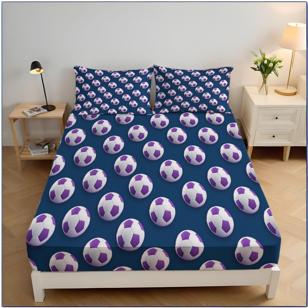 Soft Microfiber Fitted Sheet, Simple Football 3D Print, Non-Slip, 30 cm Deep Pocket, 140 x 200 cm, Dark Blue