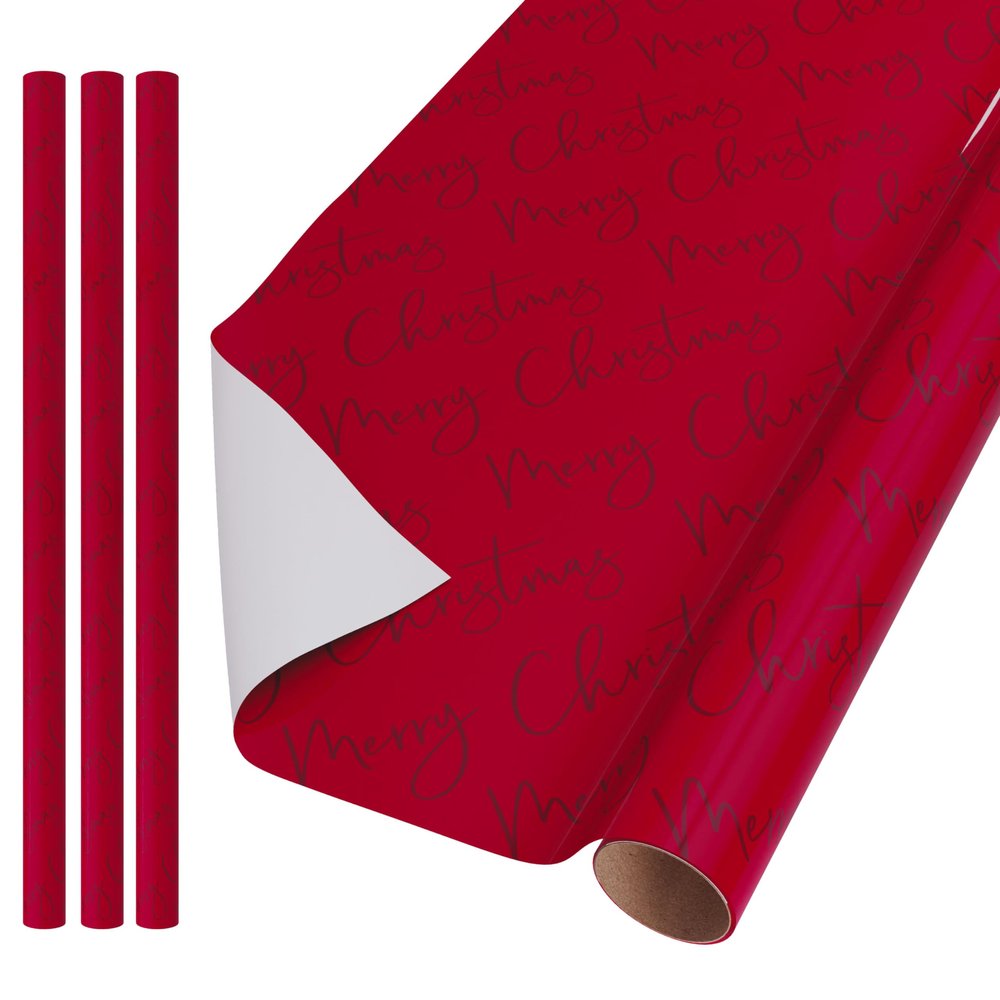 UK Greetings 3-Roll Multipack for Him, Her, or Friends, Christmas Gift Wrap, Merry Text Design, 12 m Total