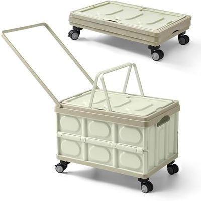 46L Foldable Shopping Cart, Durable Plastic with Lid, 4-Wheel Handle, Portable for Shopping, Camping and Travel, Push, Pull & Lift Design