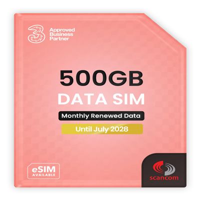 Three 500GB Data SIM, Uncapped 5G Speeds, No Contract