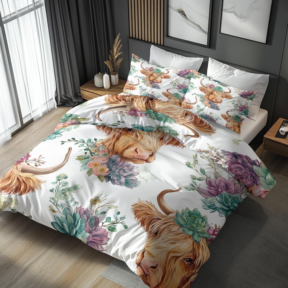 zcwl Highland Cow Reversible Bedding Set, 140 x 200 cm, 2-Piece