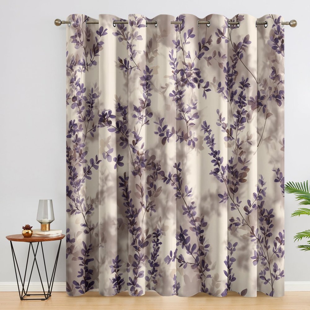 Vintage Blackout Curtains, Purple Leaf Design, 137 x 117 cm, Set of 2
