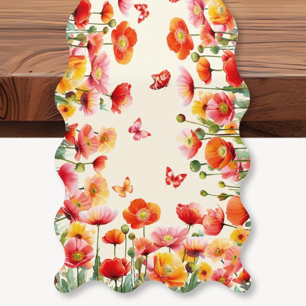 WADORN Poppy and Butterfly Table Runner, 183 x 33 cm