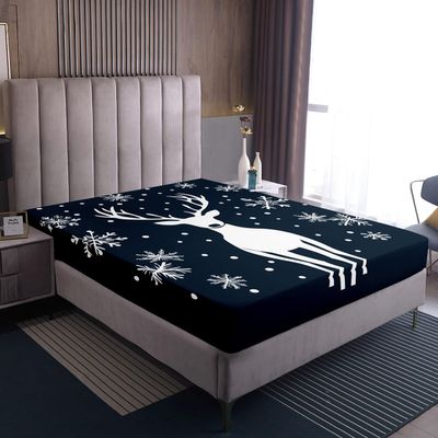 Homewish Blue Christmas Reindeer Fitted Sheet, 160 x 200 cm