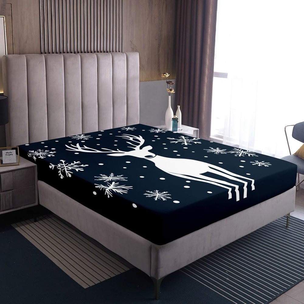 Homewish Blue Christmas Reindeer Fitted Sheet, 160 x 200 cm