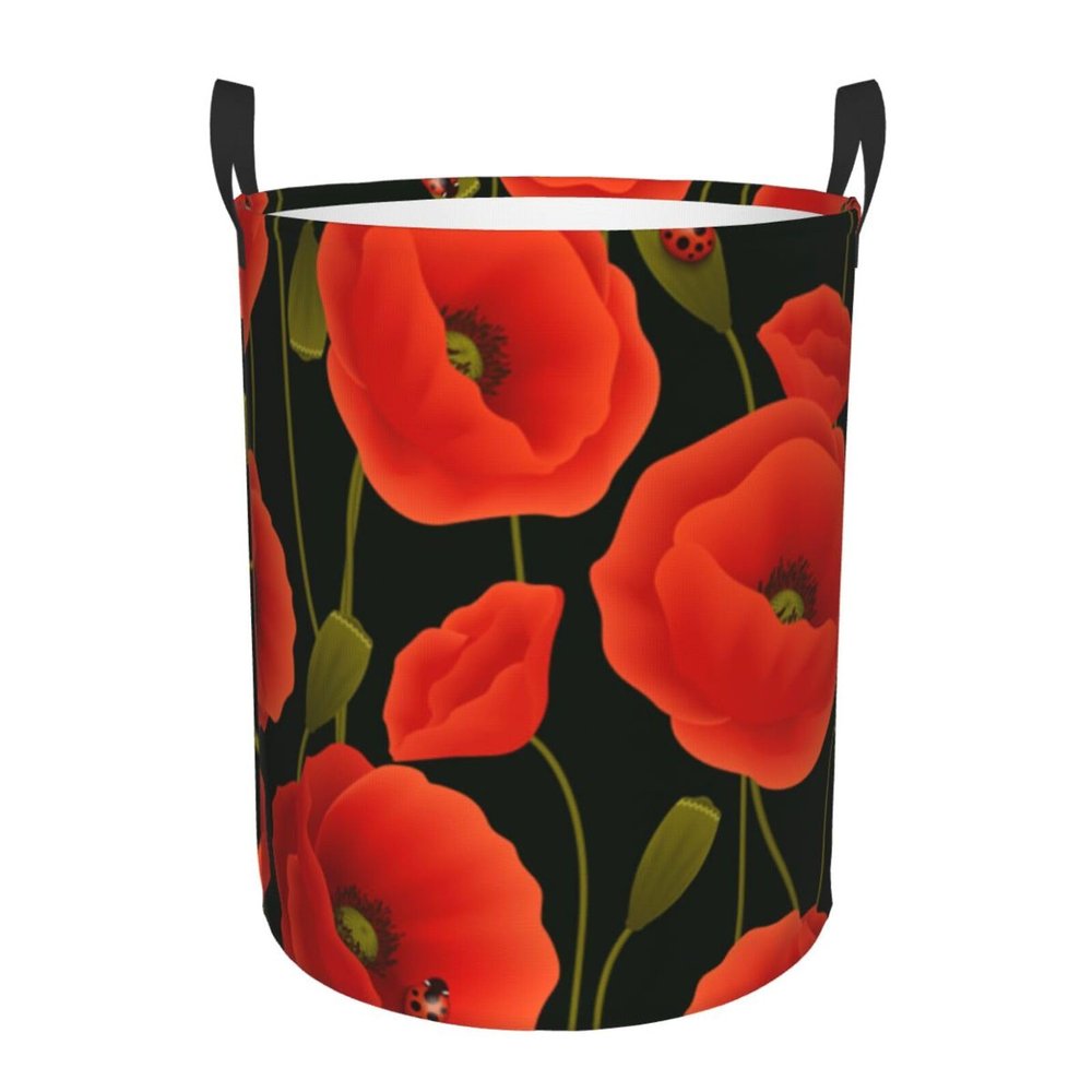 Foldable Round Laundry Basket with Poppy Print