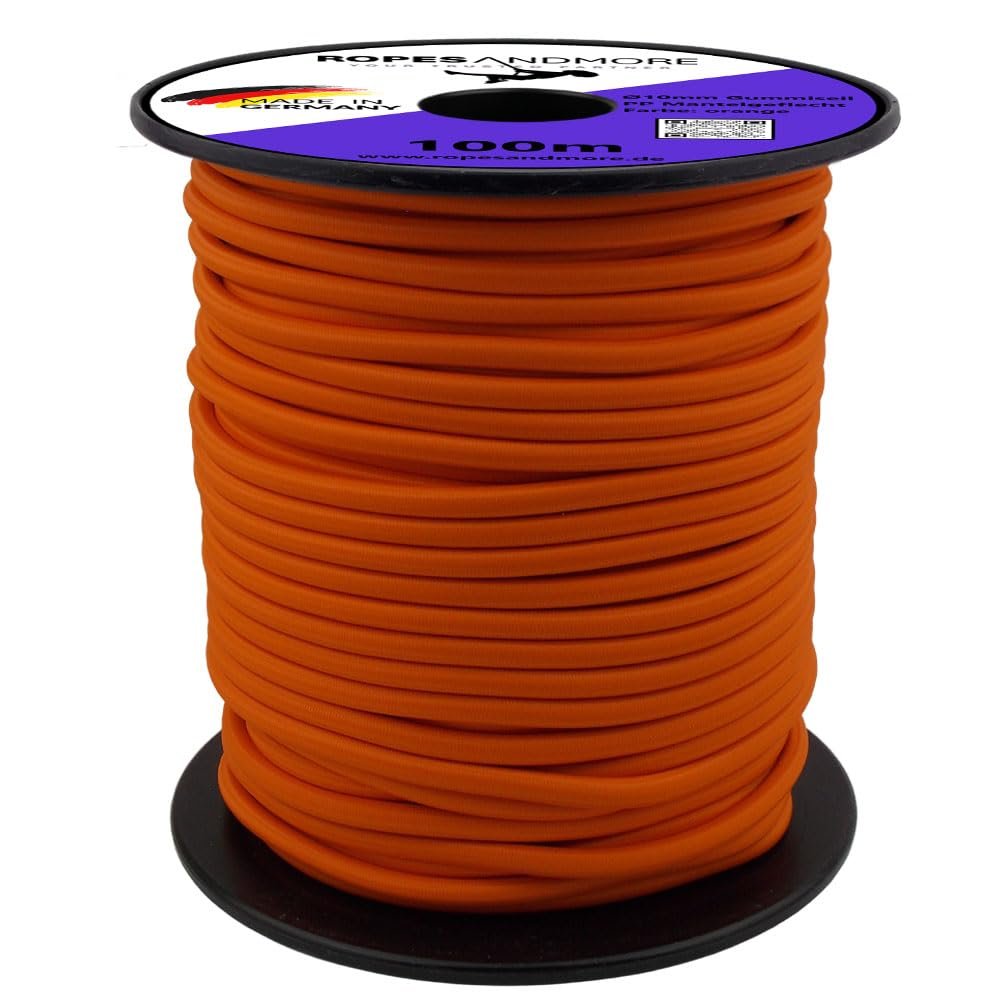 Bungee Cord, Rubber Cord, Tarp Cord, Luggage Net Cord, PP Rope, 8 mm, 10–100 m (Orange, 10 mm – 10 m per linear meter, without spool)